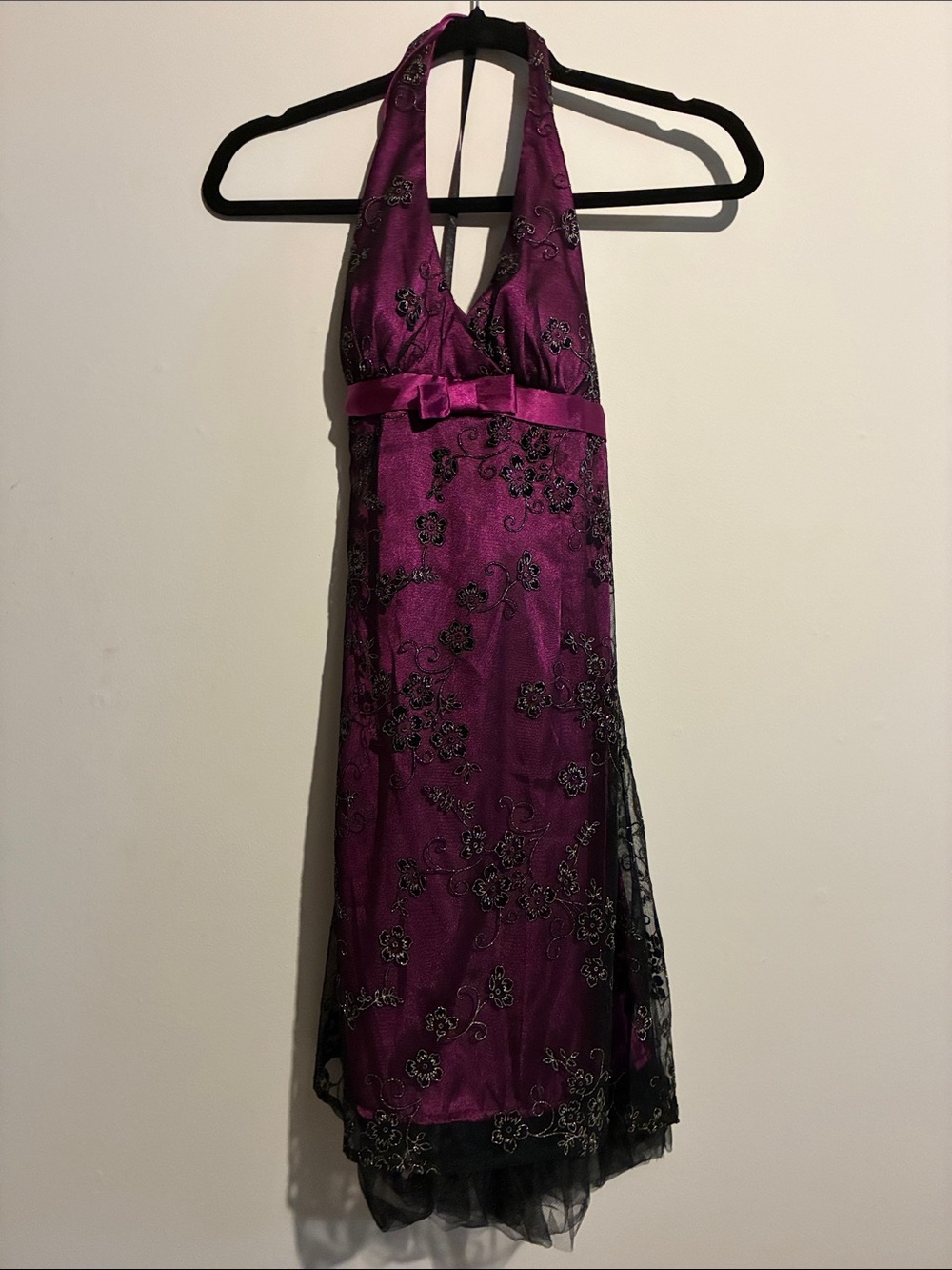 Morgan & Co. Purple Halter Formal Dress with Black Lace Overlay